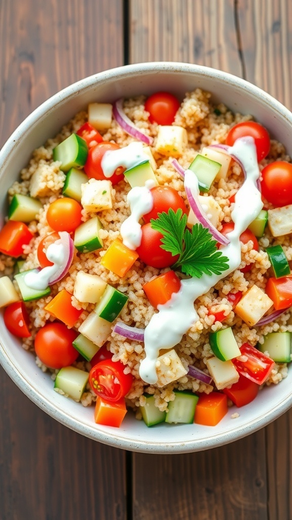 A colorful quinoa salad with cherry tomatoes, cucumber, red onion, and Greek yogurt dressing in a bowl.